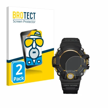 Vorderseite einer Produktverpackung mit dem Markenlogo BROTECT. Daneben ist das Gerät Casio G-Shock GW-9400Y-1 mit dem zugehör