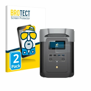 Vorderseite einer Produktverpackung mit dem Markenlogo BROTECT. Daneben ist das Gerät EcoFlow DELTA 2 mit dem zugehörigen Disp