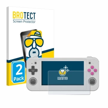 Vorderseite einer Produktverpackung mit dem Markenlogo BROTECT. Daneben ist das Gerät Anbernic RG505 mit dem zugehörigen Displ