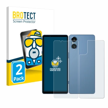 Vorderseite einer Produktverpackung mit dem Markenlogo BROTECT. Daneben ist das Gerät Sony Xperia 5 V (Display+Rückseite) mit 