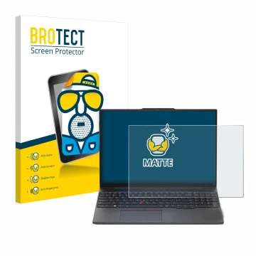 Vorderseite einer Produktverpackung mit dem Markenlogo BROTECT. Daneben ist das Gerät Lenovo ThinkPad E16 Gen 1 mit dem zugehö