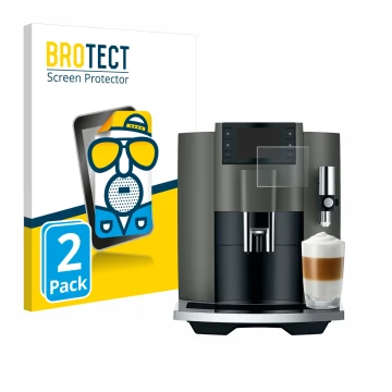 Vorderseite einer Produktverpackung mit dem Markenlogo BROTECT. Daneben ist das Gerät Jura E8 (EC) mit dem zugehörigen Display