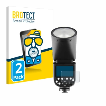 Vorderseite einer Produktverpackung mit dem Markenlogo BROTECT. Daneben ist das Gerät Godox V1 mit dem zugehörigen Displayschu