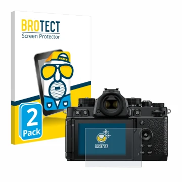 Vorderseite einer Produktverpackung mit dem Markenlogo BROTECT. Daneben ist das Gerät Nikon Z F mit dem zugehörigen Displaysch