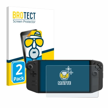 Vorderseite einer Produktverpackung mit dem Markenlogo BROTECT. Daneben ist das Gerät Lenovo Legion Go mit dem zugehörigen Dis