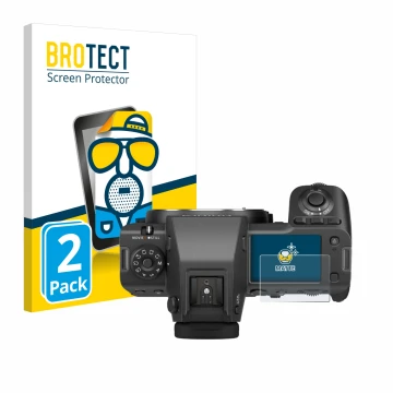 Vorderseite einer Produktverpackung mit dem Markenlogo BROTECT. Daneben ist das Gerät Fujifilm GFX100 II (Schulterdisplay) mit