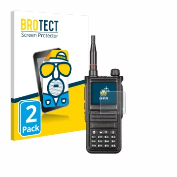 Vorderseite einer Produktverpackung mit dem Markenlogo BROTECT. Daneben ist das Gerät Radtel RT-470X mit dem zugehörigen Displ