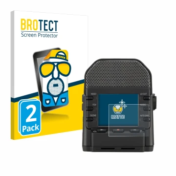 Vorderseite einer Produktverpackung mit dem Markenlogo BROTECT. Daneben ist das Gerät Zoom Q2n-4K mit dem zugehörigen Displays