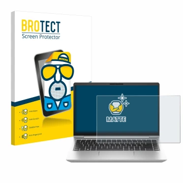 Vorderseite einer Produktverpackung mit dem Markenlogo BROTECT. Daneben ist das Gerät HP ProBook 445 G10 mit dem zugehörigen D