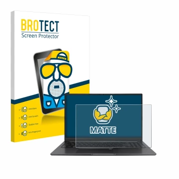 Vorderseite einer Produktverpackung mit dem Markenlogo BROTECT. Daneben ist das Gerät ASUS Vivobook 15 OLED mit dem zugehörige