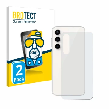 Vorderseite einer Produktverpackung mit dem Markenlogo BROTECT. Daneben ist das Gerät Samsung Galaxy S23 FE (Rückseite) mit de