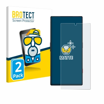 Vorderseite einer Produktverpackung mit dem Markenlogo BROTECT. Daneben ist das Gerät ZTE Nubia Red Magic 8 Pro mit dem zugehö
