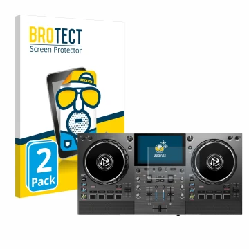 Vorderseite einer Produktverpackung mit dem Markenlogo BROTECT. Daneben ist das Gerät Numark Mixstream Pro Go mit dem zugehöri