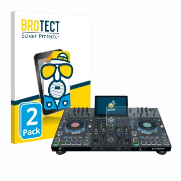 Vorderseite einer Produktverpackung mit dem Markenlogo BROTECT. Daneben ist das Gerät Denon DJ Prime 4+ mit dem zugehörigen Di