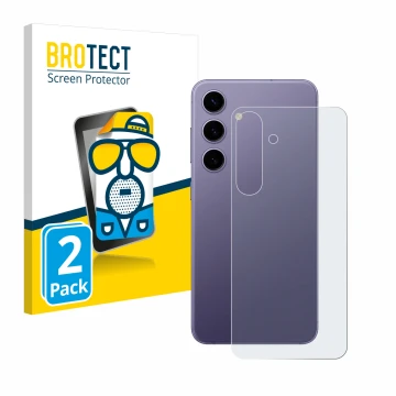 Vorderseite einer Produktverpackung mit dem Markenlogo BROTECT. Daneben ist das Gerät Samsung Galaxy S24 (Rückseite) mit dem z