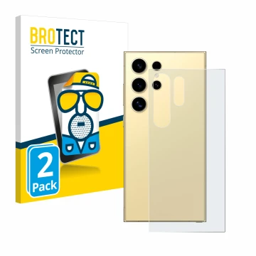 Vorderseite einer Produktverpackung mit dem Markenlogo BROTECT. Daneben ist das Gerät Samsung Galaxy S24 Ultra (Rückseite) mit