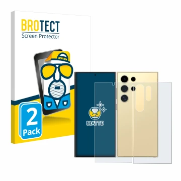 Vorderseite einer Produktverpackung mit dem Markenlogo BROTECT. Daneben ist das Gerät Samsung Galaxy S24 Ultra (case-friendly)