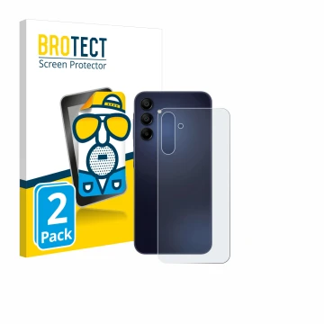 Vorderseite einer Produktverpackung mit dem Markenlogo BROTECT. Daneben ist das Gerät Samsung Galaxy A15 5G (Rückseite) mit de