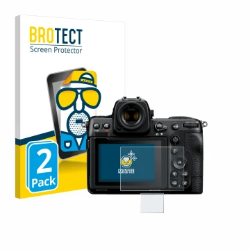 Vorderseite einer Produktverpackung mit dem Markenlogo BROTECT. Daneben ist das Gerät Nikon Z 8 (Display + Schulterdisplay) mi