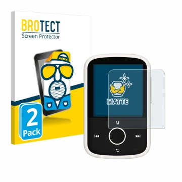 Vorderseite einer Produktverpackung mit dem Markenlogo BROTECT. Daneben ist das Gerät Majority MP3 16GB mit dem zugehörigen Di