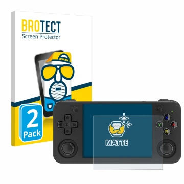 Vorderseite einer Produktverpackung mit dem Markenlogo BROTECT. Daneben ist das Gerät Anbernic RG35XX H mit dem zugehörigen Di