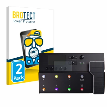 Vorderseite einer Produktverpackung mit dem Markenlogo BROTECT. Daneben ist das Gerät Line 6 POD Go mit dem zugehörigen Displa
