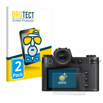 Vorderseite einer Produktverpackung mit dem Markenlogo BROTECT. Daneben ist das Gerät Leica SL3 mit dem zugehörigen Displaysch