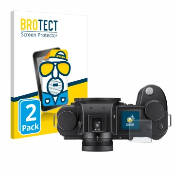 Vorderseite einer Produktverpackung mit dem Markenlogo BROTECT. Daneben ist das Gerät Leica SL3 (Schulterdisplay) mit dem zuge