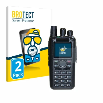 Vorderseite einer Produktverpackung mit dem Markenlogo BROTECT. Daneben ist das Gerät AnyTone AT-D878UV II Plus mit dem zugehö