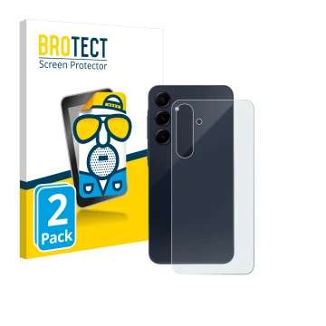 Vorderseite einer Produktverpackung mit dem Markenlogo BROTECT. Daneben ist das Gerät Samsung Galaxy A55 5G (Rückseite) mit de