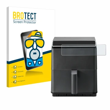 Vorderseite einer Produktverpackung mit dem Markenlogo BROTECT. Daneben ist das Gerät Cosori CAF-P583S mit dem zugehörigen Dis