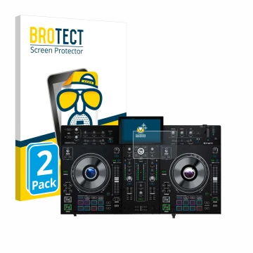 Vorderseite einer Produktverpackung mit dem Markenlogo BROTECT. Daneben ist das Gerät Denon DJ Prime 2 mit dem zugehörigen Dis