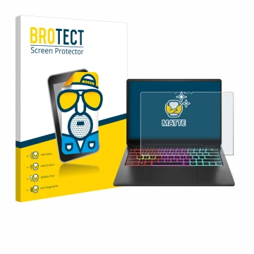 Vorderseite einer Produktverpackung mit dem Markenlogo BROTECT. Daneben ist das Gerät HP Omen Transcend 14 mit dem zugehörigen