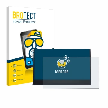 Vorderseite einer Produktverpackung mit dem Markenlogo BROTECT. Daneben ist das Gerät Dell P1424H mit dem zugehörigen Displays