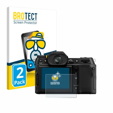 Vorderseite einer Produktverpackung mit dem Markenlogo BROTECT. Daneben ist das Gerät Fujifilm GFX100S II mit dem zugehörigen 