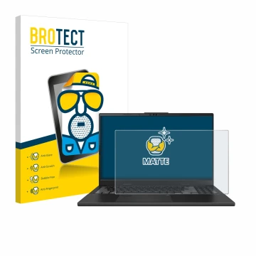 Vorderseite einer Produktverpackung mit dem Markenlogo BROTECT. Daneben ist das Gerät ASUS VivoBook Pro 15 OLED N6506 mit dem 
