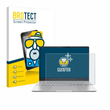 Vorderseite einer Produktverpackung mit dem Markenlogo BROTECT. Daneben ist das Gerät ASUS Vivobook S 14 OLED M5406 mit dem zu