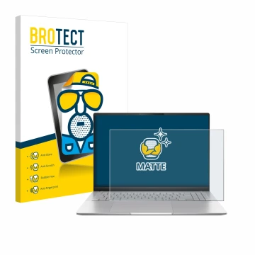 Vorderseite einer Produktverpackung mit dem Markenlogo BROTECT. Daneben ist das Gerät ASUS Vivobook S16 OLED M5606 mit dem zug