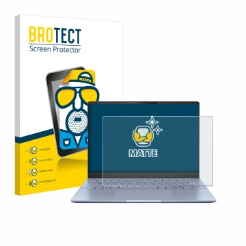 Vorderseite einer Produktverpackung mit dem Markenlogo BROTECT. Daneben ist das Gerät ASUS Vivobook S 14 OLED S5406 mit dem zu