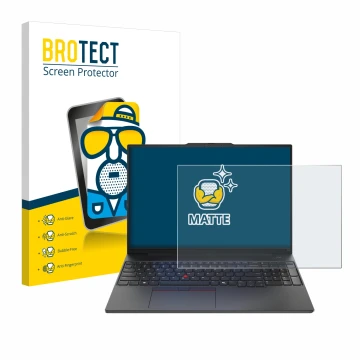 Vorderseite einer Produktverpackung mit dem Markenlogo BROTECT. Daneben ist das Gerät Lenovo ThinkPad E16 Gen 2 mit dem zugehö
