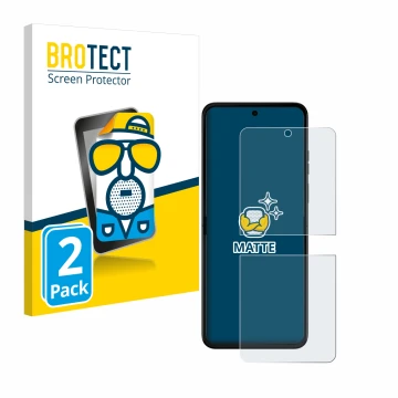 Vorderseite einer Produktverpackung mit dem Markenlogo BROTECT. Daneben ist das Gerät Motorola Razr 50 mit dem zugehörigen Dis