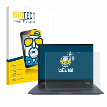 Vorderseite einer Produktverpackung mit dem Markenlogo BROTECT. Daneben ist das Gerät ASUS Vivobook S 14 Flip TN3402 mit dem z