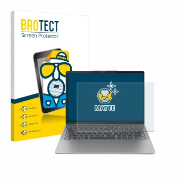 Vorderseite einer Produktverpackung mit dem Markenlogo BROTECT. Daneben ist das Gerät Lenovo IdeaPad Pro 5 14AHP9 mit dem zuge