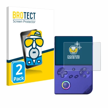 Vorderseite einer Produktverpackung mit dem Markenlogo BROTECT. Daneben ist das Gerät Anbernic RG40XXV mit dem zugehörigen Dis