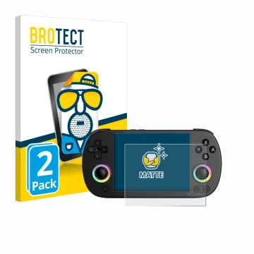 Vorderseite einer Produktverpackung mit dem Markenlogo BROTECT. Daneben ist das Gerät Anbernic RG40XX H mit dem zugehörigen Di