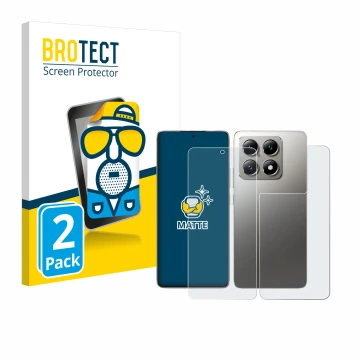 Vorderseite einer Produktverpackung mit dem Markenlogo BROTECT. Daneben ist das Gerät Xiaomi 14T Pro (Display+Rückseite) mit d