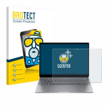 Vorderseite einer Produktverpackung mit dem Markenlogo BROTECT. Daneben ist das Gerät HP OmniBook Ultra Laptop 14-fd mit dem z