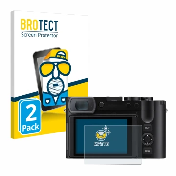 Vorderseite einer Produktverpackung mit dem Markenlogo BROTECT. Daneben ist das Gerät Leica Q3 43 mit dem zugehörigen Displays