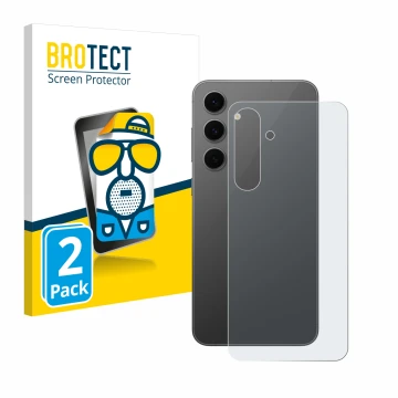 Vorderseite einer Produktverpackung mit dem Markenlogo BROTECT. Daneben ist das Gerät Samsung Galaxy S24 FE (Rückseite) mit de