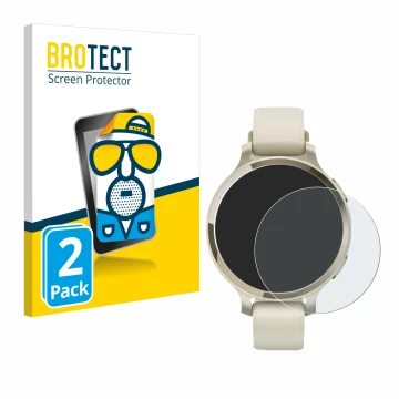 Vorderseite einer Produktverpackung mit dem Markenlogo BROTECT. Daneben ist das Gerät Garmin Lily 2 Active mit dem zugehörigen